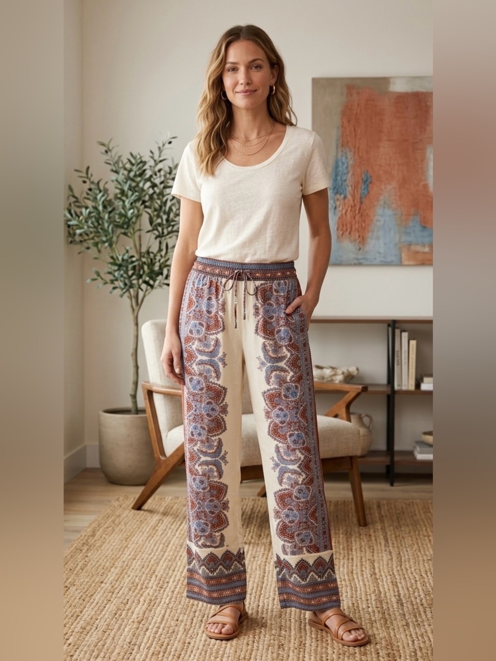 Cynthia‎ Rowley Mediterranean Paisley Wide Leg Pants Drawstring Boho Chic